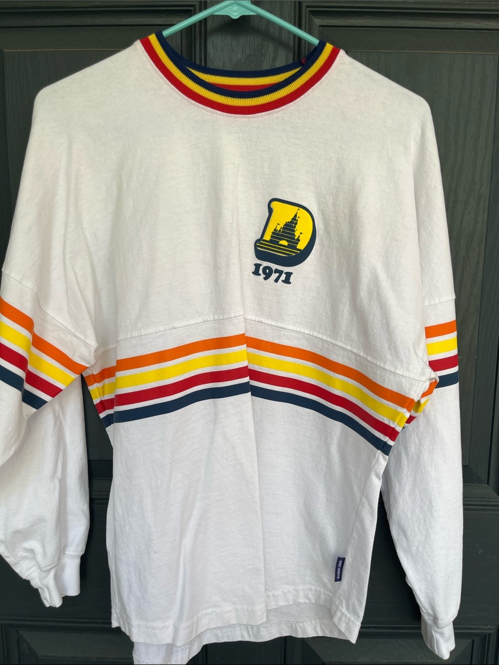 White Long Sleeve Stripe Tee with Retro 1971 Crest